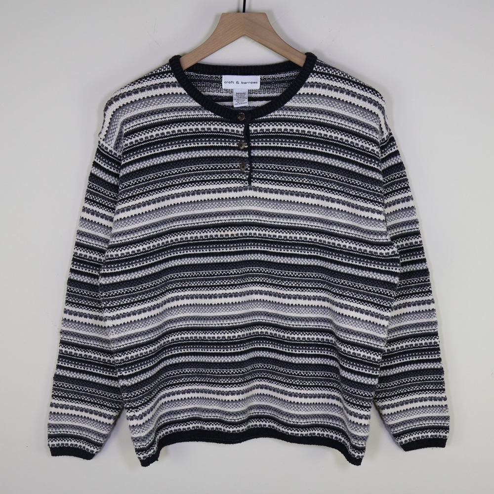 Croft & Barrow Womens Medium Striped Henley Sweater Black Grey White Long Sleeve